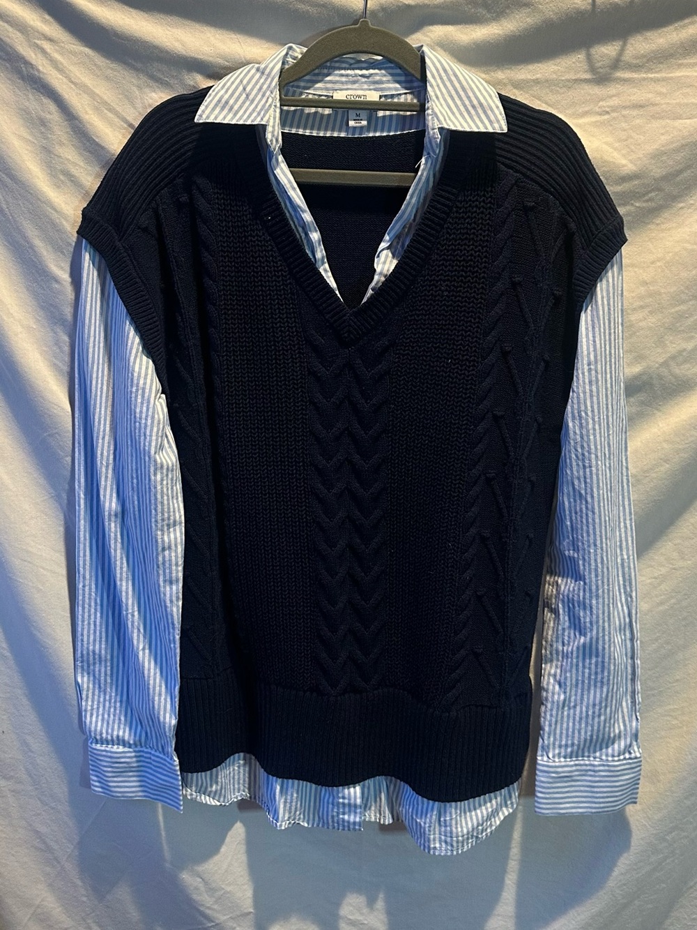 crown & ivy Navy Cable-Knit V-Neck Sweater Vest with Blue-White Striped Shirt